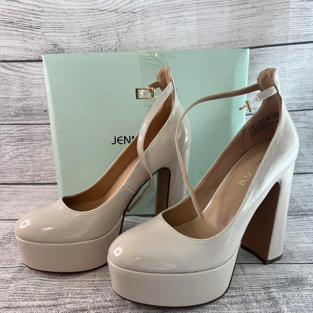 JENN ARDOR Women's Cream Platform Closed Toe Block Heel Ankle Strap, 4 1/2 in